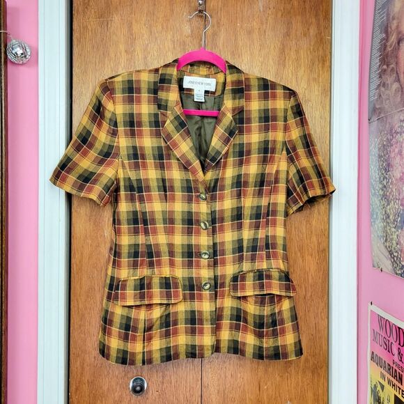 Vintage 90s Warm Tone Plaid Print Short Sleeve Blazer - Picture 4 of 6